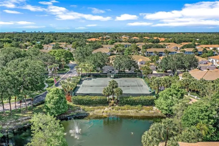 Drone / aerial view of a tree filled landscape and a large body of water