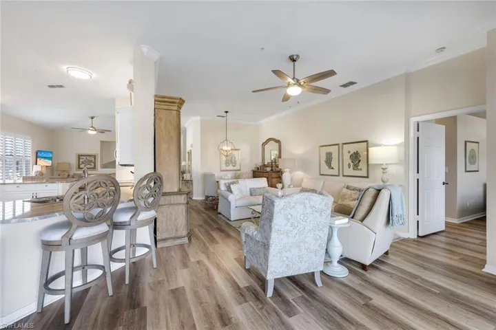 Breakfast Bar and long view of living room