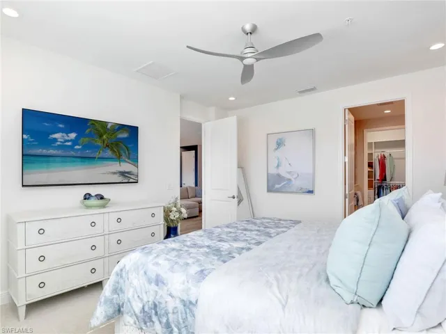 Bedroom featuring carpet, recessed lighting, visible vents, attic access, and ceiling fan