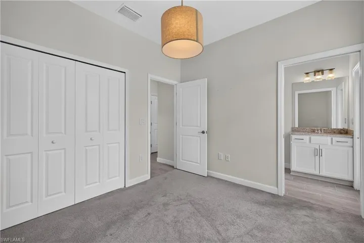 Neutral wall tones, gray carpeting, a built-in closet with bi-fold doors, and a ceiling-mounted light fixture