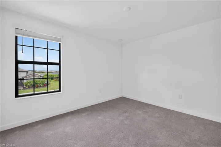 Window with black grid mullions, recessed ceiling lighting, light gray carpeting, and neutral wall tones