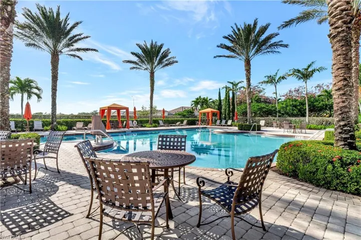 Community pool with a patio and a gazebo