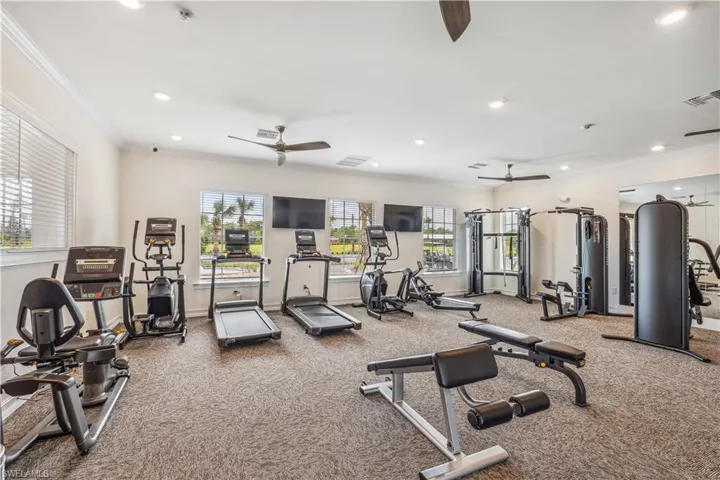 Workout area with ornamental molding, ceiling fan, and carpet floors