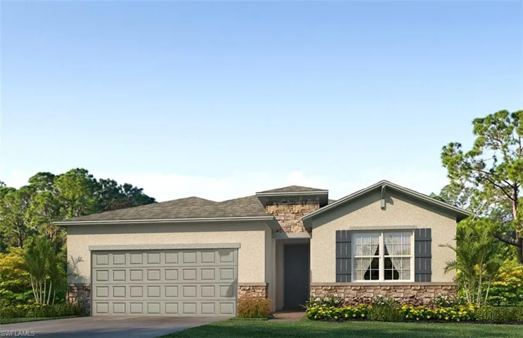 View of front of house with stone siding, a garage, concrete driveway, and stucco siding