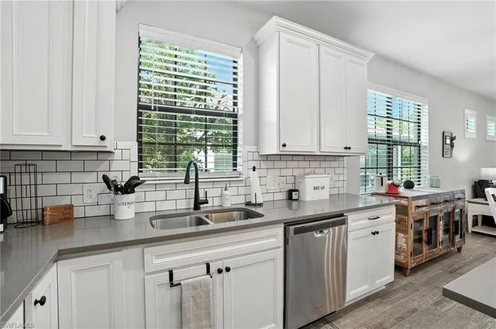 Kitchen featuring dishwasher, plenty of natural light, and white cabinets