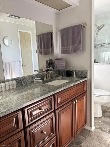 Bathroom with a tile shower, vanity, toilet, and crown molding