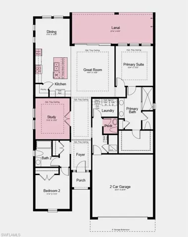 Floor Plan - Additional Highlights Include: tray ceiling package, 4' garage extension, powder room in place of storage closet, outdoor kitchen rough-in, pool/spa prewire with gas stub-out, laundry package, refrigerator, and 8' interior doors
