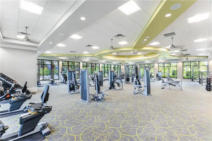 Workout area featuring ceiling fan, a drop ceiling, carpet flooring, and a tray ceiling