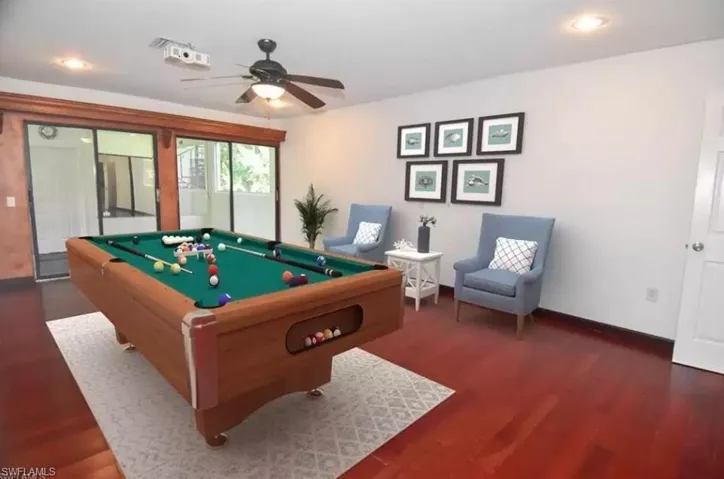 Playroom featuring billiards, dark wood-style floors, recessed lighting, and a ceiling fan