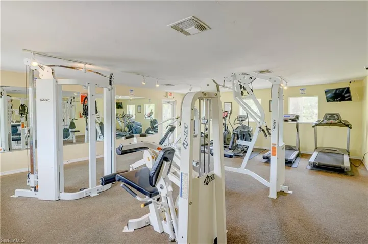 Gym featuring healthy amount of natural light, carpet floors, and track lighting