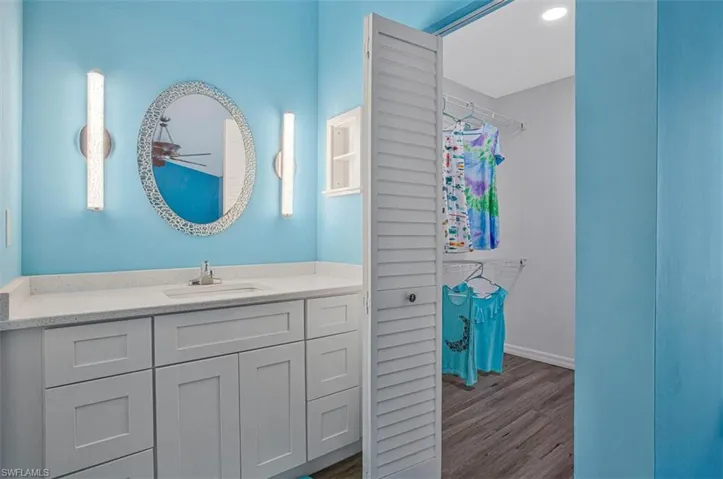 Bathroom with vanity and dark wood-style flooring
