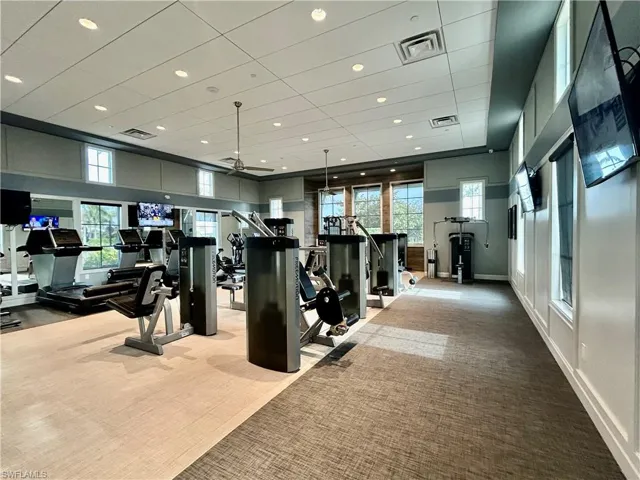 Workout area featuring light colored carpet and ceiling fan
