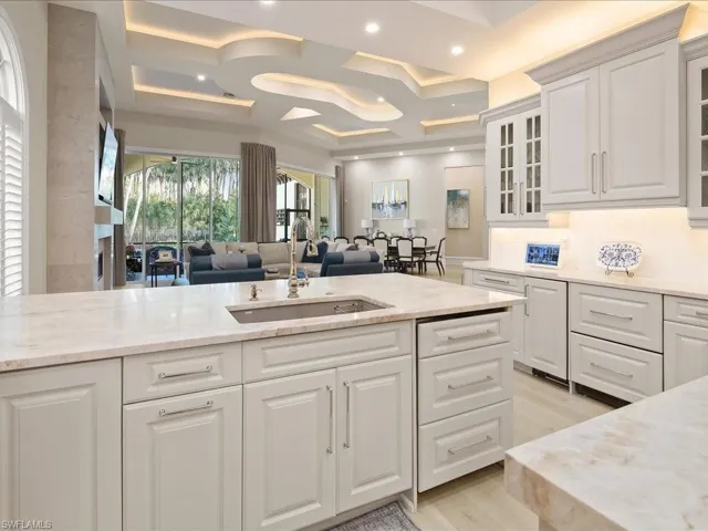 Kitchen, looking into the Dining room with a raised ceiling, European White Oak wood flooring