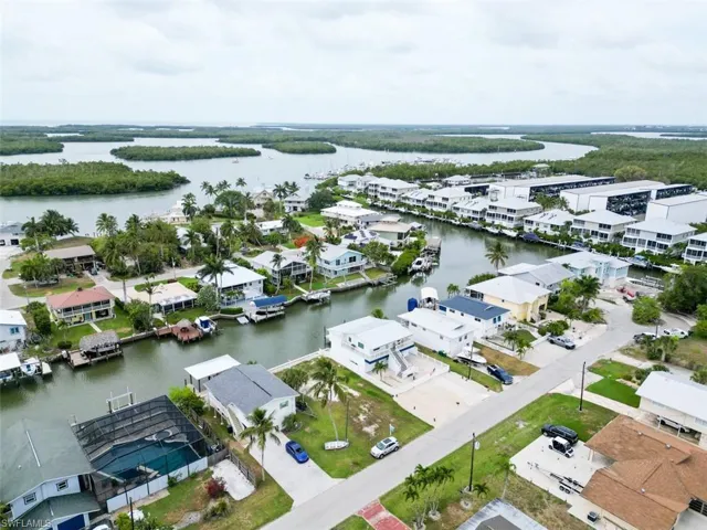Aerial view of residential area featuring a large body of water