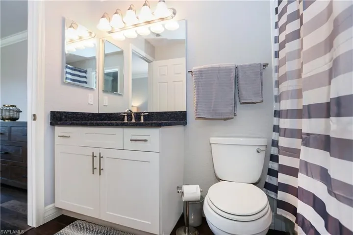Full bathroom featuring toilet, a shower with shower curtain, and vanity