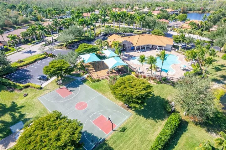 Aerial perspective of suburban area with a pool area