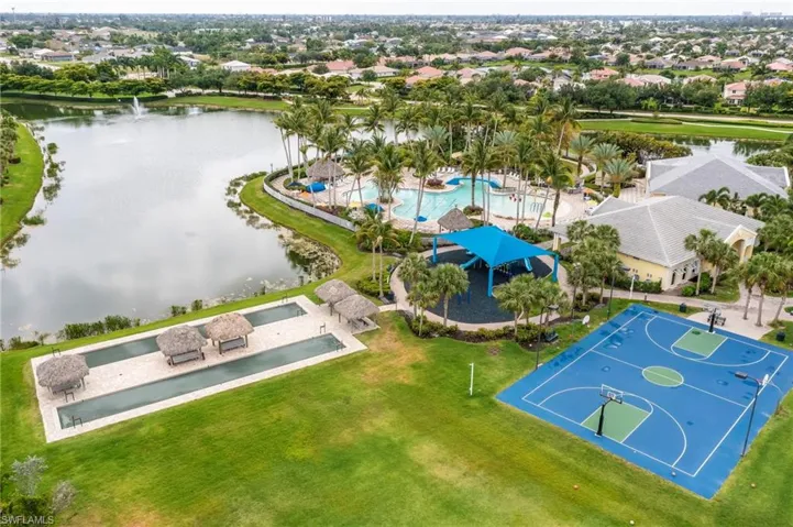 Bird's eye view of a large body of water and a pool area