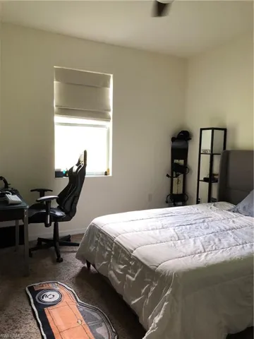 Bedroom featuring a single window with Roman shades, a ceiling fan, and carpeted flooring
