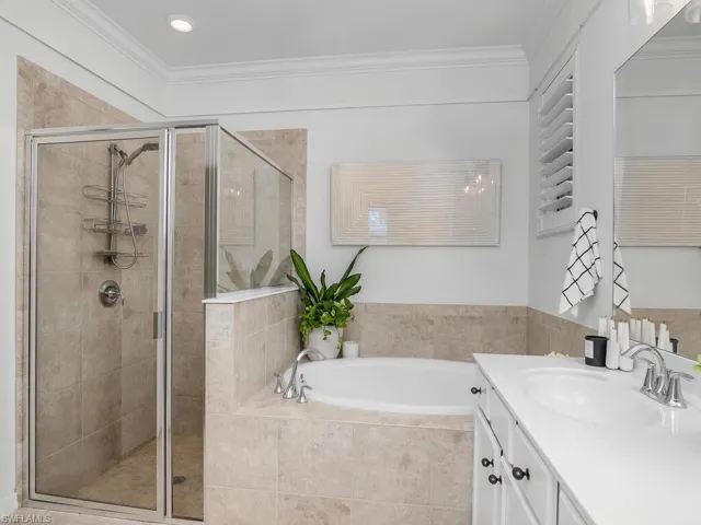 Bathroom with vanity, separate shower and tub, and ornamental molding