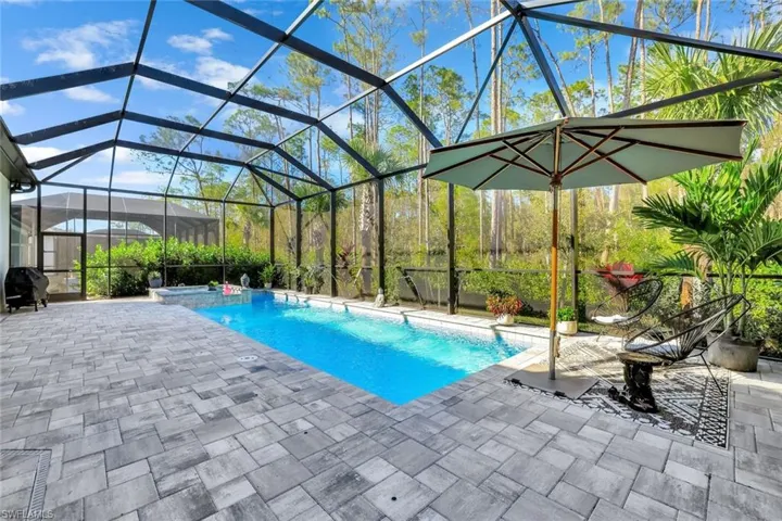View of swimming pool featuring a lanai, grilling area, and a patio