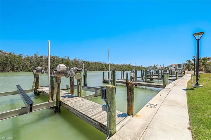 Dock with boat lift and a water view