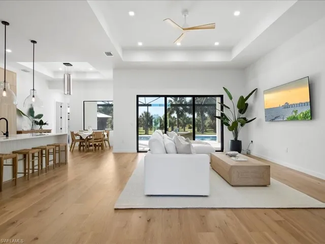 Living room featuring light wood-style flooring, a tray ceiling, and a ceiling fan