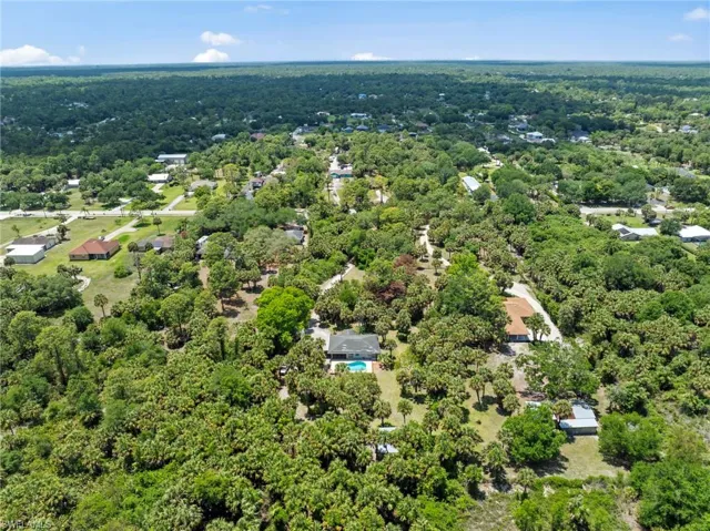 Expansive property featuring a private swimming pool, surrounded by mature trees and lush vegetation