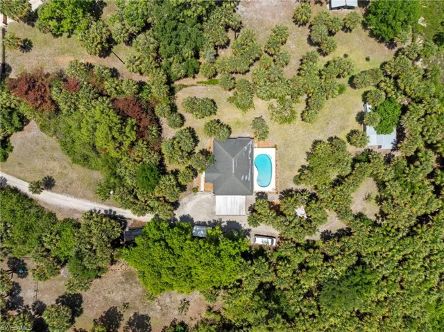 Property featuring a dark-pitched roof, an in-ground swimming pool, and an extensive surrounding landscape with mature trees and vegetation