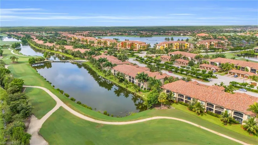 Birds eye view of property with a water view