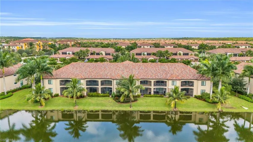 Birds eye view of property with a water view
