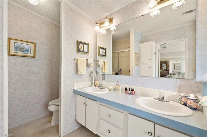 Bathroom with vanity, crown molding, toilet, a textured ceiling, and walk in shower
