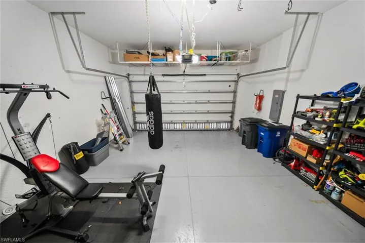 Garage with soaring ceilings