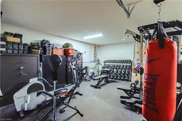 Workout area with a garage