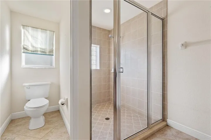 Bathroom with tile patterned flooring, toilet, a wealth of natural light, and oversized walk in shower with dual shower heads