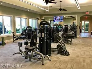 Workout area featuring light carpet and ceiling fan