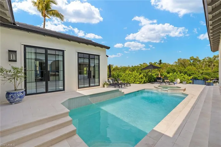 View of swimming pool featuring a patio and a pool with connected hot tub