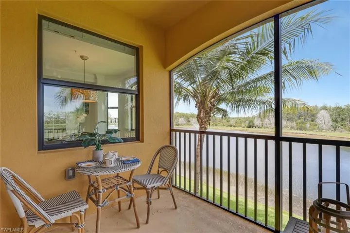 Expansive screened balcony featuring a water backdrop, lush palm trees, and a durable concrete floor