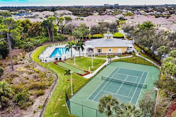 Aerial view of residential area with a pool area