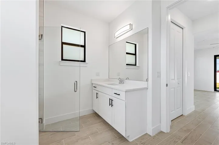Bathroom with walk in shower, large vanity, and hardwood / wood-style floors
