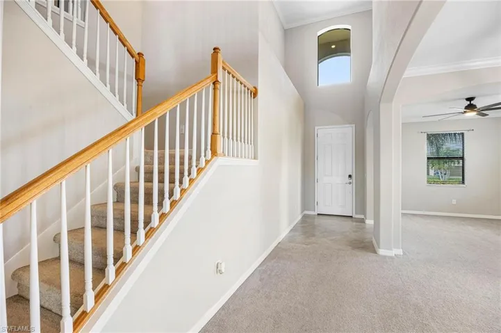 Carpeted entrance foyer with ceiling fan, ornamental molding, and a high ceiling