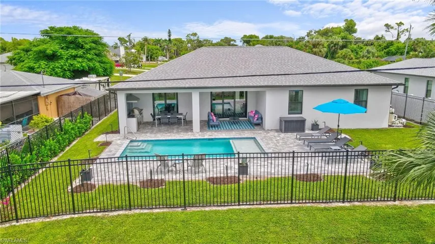 View of swimming pool with a patio, a fenced backyard, and outdoor dining space