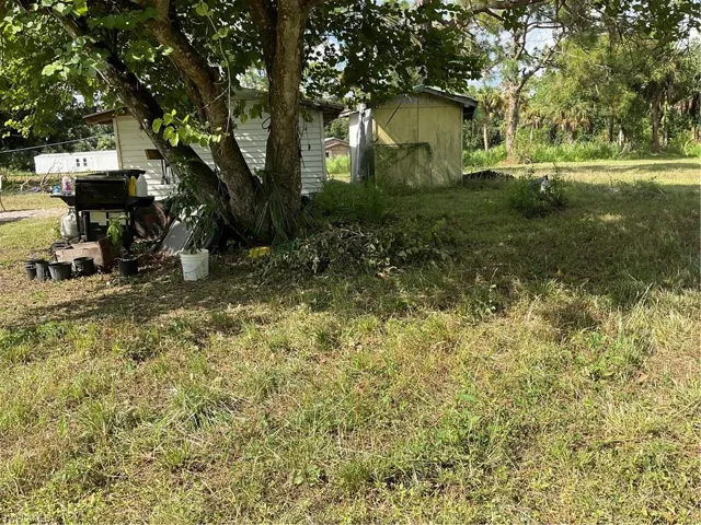 View of yard with a storage unit