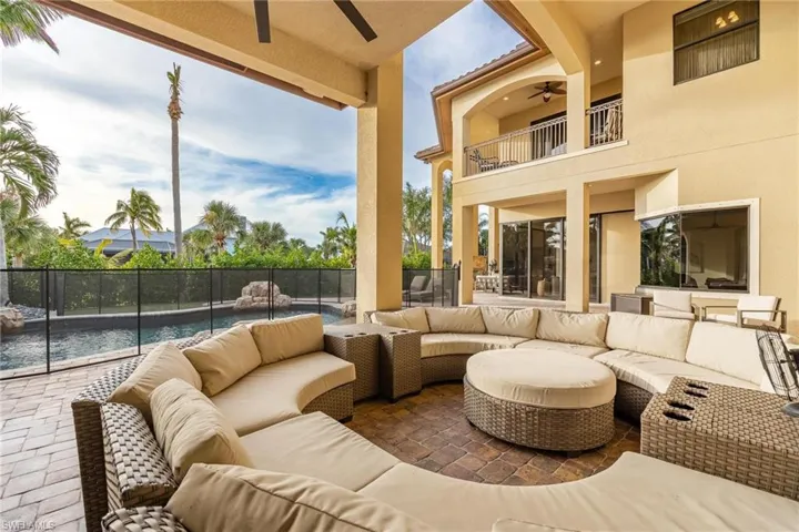 Outdoor seating by pool