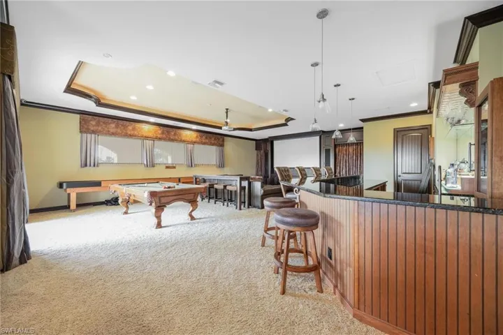 Bar room, theatre, and game room.