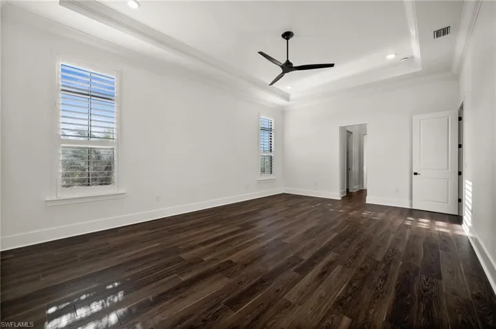 Spare room featuring ornamental molding, a raised ceiling, plenty of natural light, a ceiling fan, and dark wood finished floors
