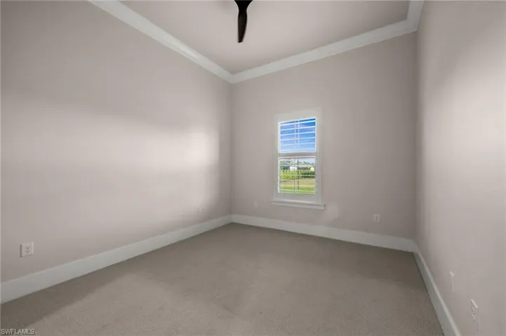 Spare room featuring ornamental molding, carpet flooring, and baseboards