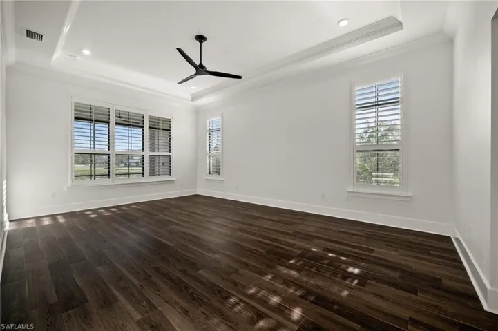 Unfurnished room featuring a tray ceiling, crown molding, a ceiling fan, healthy amount of natural light, and dark wood finished floors