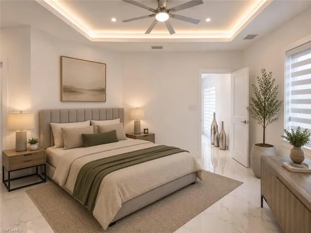 Recessed ceiling with integrated lighting and a contemporary ceiling fan