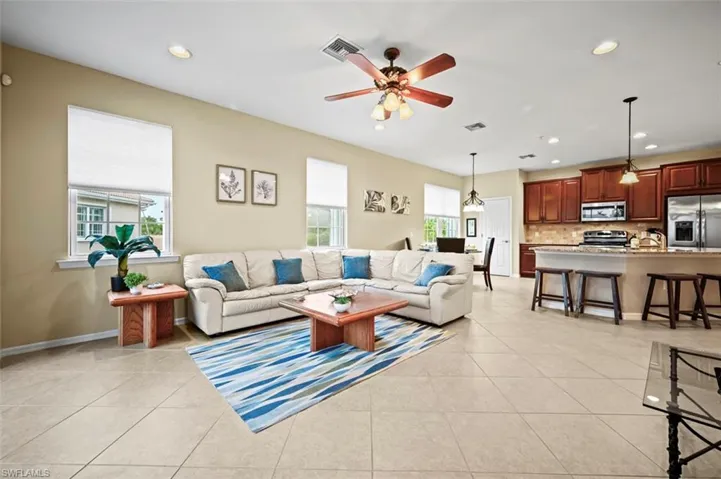 Open floor plan with large living room, dining room and spacious kitchen