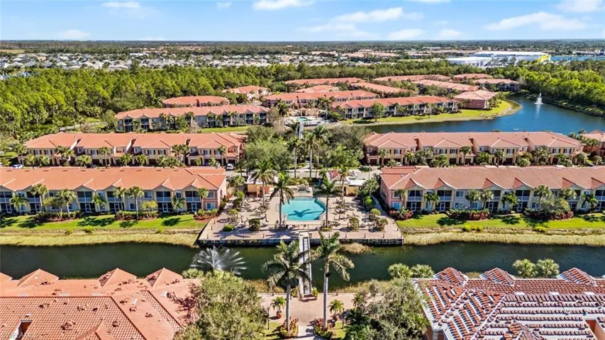 Birds eye view of property with a water view